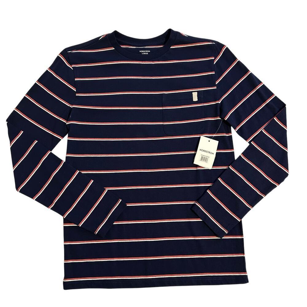 NWT Nordstrom Long Sleeve Navy Red Strip Tee Boys 8-10